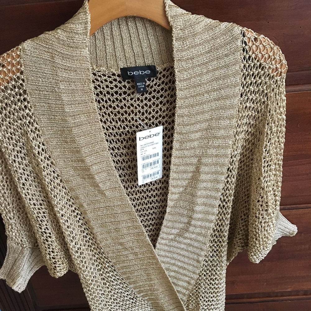 New bebe Metallic Gold Open Stitch Deep V Neck